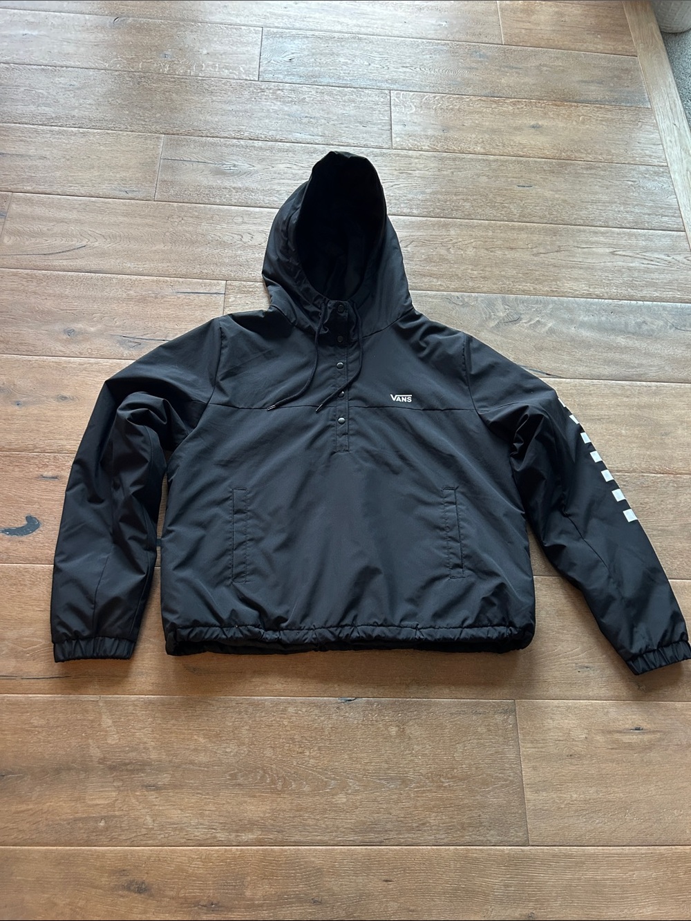 Vans Black Hooded Pullover Windbreaker with Checker Arm Detail